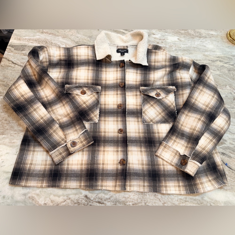 Helium London Sherpa Lined Flannel Shacket 3X Plus Brown Plaid Cozy Jacket